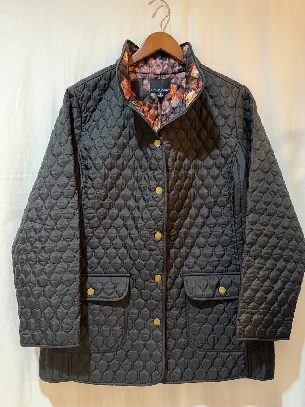 NWOT Cynthia Rowley Quilted Barn Jacket Snap Front Jacket Floral Lining Black 1X